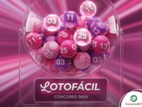 Ilustração 3D de um globo de sorteio transparente contendo bolas numeradas em tons de rosa e roxo. À frente, uma placa exibe o logotipo "Lotofácil" e a inscrição "Concurso 3600". O fundo possui raios de luz rosa.