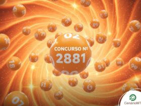 Composição visual em padrão laranja com efeito de brilho e velocidade. Bolas numeradas orbitam uma esfera central maior onde se lê "CONCURSO Nº 2881". Inclui a marca d'água do CenárioMT.