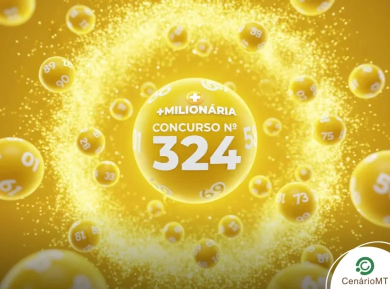 Arte digital em amarelo ouro com partículas brilhantes formando um halo. A esfera central exibe o nome "+MILIONÁRIA" e "CONCURSO Nº 324". Logotipo CenárioMT no canto inferior direito.