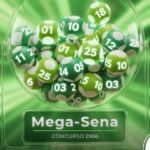 Design gráfico do sorteio da Mega-Sena com bolas numeradas em tons de verde dentro de um globo transparente. Na base, um painel verde indica "Mega-Sena" e "Concurso 2966". Fundo verde com raios luminosos.