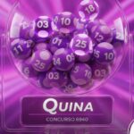 Representação digital de um globo de loteria com bolas roxas numeradas. Em destaque, uma placa com o nome "Quina" e o número do "Concurso 6940". A imagem tem uma estética vibrante com fundo em tons de violeta.