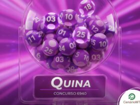 Representação digital de um globo de loteria com bolas roxas numeradas. Em destaque, uma placa com o nome "Quina" e o número do "Concurso 6940". A imagem tem uma estética vibrante com fundo em tons de violeta.