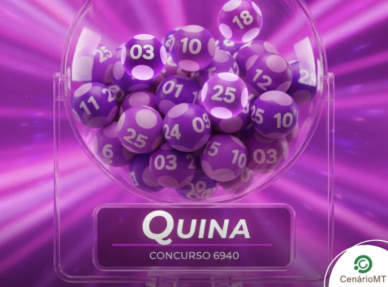 Representação digital de um globo de loteria com bolas roxas numeradas. Em destaque, uma placa com o nome "Quina" e o número do "Concurso 6940". A imagem tem uma estética vibrante com fundo em tons de violeta.