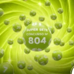 Imagem com temática em verde lima e efeitos de luz. Bolas numeradas flutuam ao redor do texto central "SUPER SETE CONCURSO Nº 804". Logotipo CenárioMT presente no detalhe inferior.
