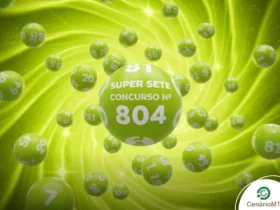 Imagem com temática em verde lima e efeitos de luz. Bolas numeradas flutuam ao redor do texto central "SUPER SETE CONCURSO Nº 804". Logotipo CenárioMT presente no detalhe inferior.