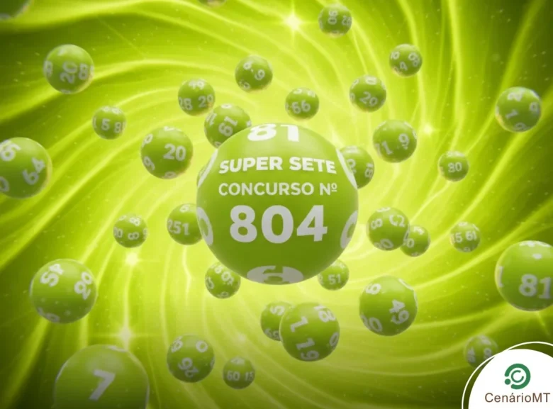 Imagem com temática em verde lima e efeitos de luz. Bolas numeradas flutuam ao redor do texto central "SUPER SETE CONCURSO Nº 804". Logotipo CenárioMT presente no detalhe inferior.