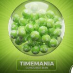 Ilustração de um globo de sorteio preenchido com bolas numeradas de cor verde claro. Na parte inferior, uma placa destaca a marca "Timemania" e o "Concurso 2349". O fundo apresenta uma explosão de luz verde.