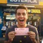 Imagem artística de homem sorrindo e segurando bilhete da Lotofácil em frente à lotérica da Caixa