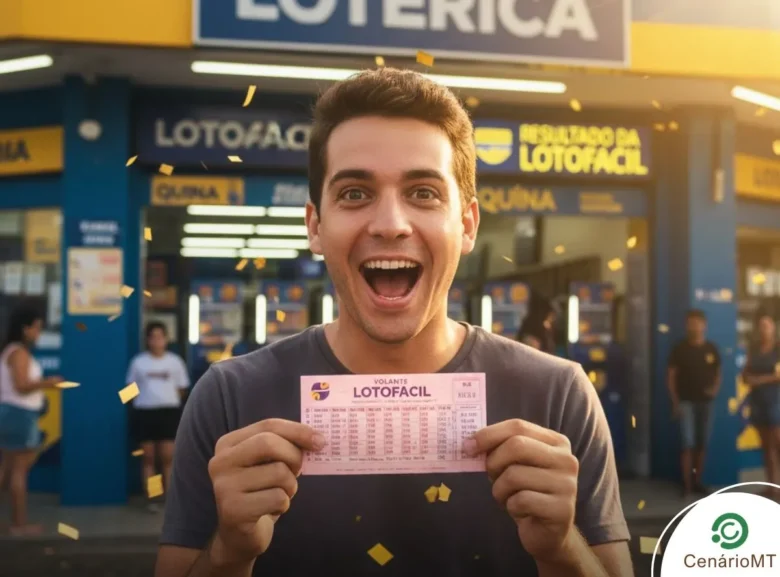 Imagem artística de homem sorrindo e segurando bilhete da Lotofácil em frente à lotérica da Caixa