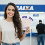 Mulher jovem, branca, de longos cabelos pretos e lisos, sorrindo e segurando dois bilhetes da Quina em uma casa lotérica moderna com a marca "Caixa" visível nos guichês ao fundo.
