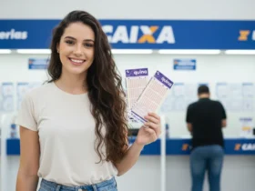 Mulher jovem, branca, de longos cabelos pretos e lisos, sorrindo e segurando dois bilhetes da Quina em uma casa lotérica moderna com a marca "Caixa" visível nos guichês ao fundo.