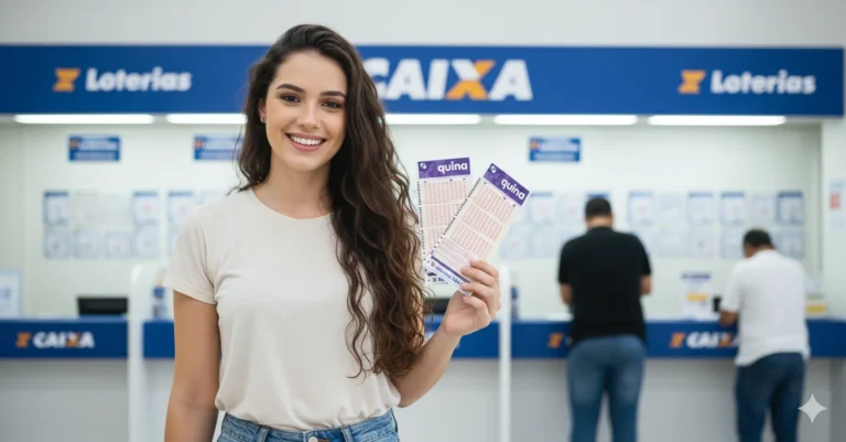 Mulher jovem, branca, de longos cabelos pretos e lisos, sorrindo e segurando dois bilhetes da Quina em uma casa lotérica moderna com a marca "Caixa" visível nos guichês ao fundo.
