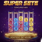 Arte publicitária da loteria Super Sete, concurso 800, com sete tubos de ensaio coloridos contendo bolas numeradas, sobre fundo roxo com confetes dourados e a frase 'Sorteio de Hoje! Jogue e Ganhe!'