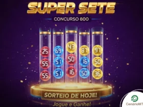 Arte publicitária da loteria Super Sete, concurso 800, com sete tubos de ensaio coloridos contendo bolas numeradas, sobre fundo roxo com confetes dourados e a frase 'Sorteio de Hoje! Jogue e Ganhe!'