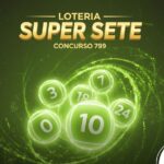 Banner promocional da loteria Super Sete, concurso 799, com fundo verde-limão vibrante em espiral, dezenas ilustrativas em destaque e a marca CenárioMT no canto inferior