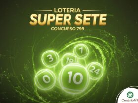 Banner promocional da loteria Super Sete, concurso 799, com fundo verde-limão vibrante em espiral, dezenas ilustrativas em destaque e a marca CenárioMT no canto inferior