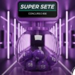 Máquina de sorteio da Super Sete em padrão de cores violeta, mostrando o concurso 800 e bolas numeradas em um estúdio futurista.