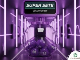Super Sete sorteia R$ 1.000.000,00 amanhã no concurso 800; veja como apostar 3 Máquina de sorteio da Super Sete em padrão de cores violeta, mostrando o concurso 800 e bolas numeradas em um estúdio futurista.