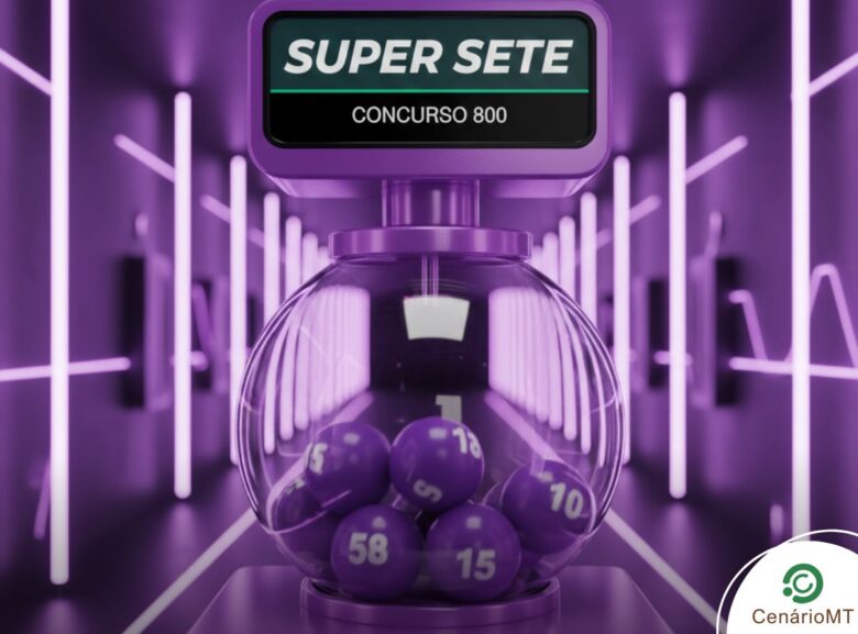 Máquina de sorteio da Super Sete em padrão de cores violeta, mostrando o concurso 800 e bolas numeradas em um estúdio futurista.
