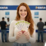 Mulher ruiva segurando bilhetes verdes da Super Sete em uma filial da Caixa Econômica Federal