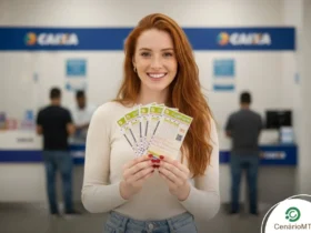Mulher ruiva segurando bilhetes verdes da Super Sete em uma filial da Caixa Econômica Federal