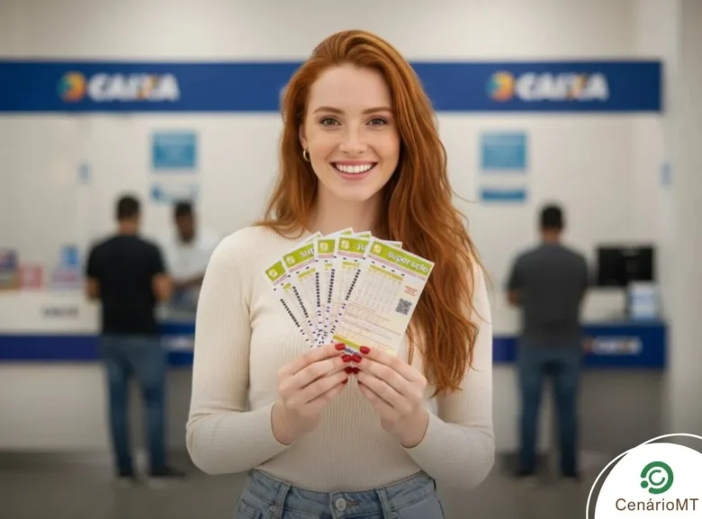 Mulher ruiva segurando bilhetes verdes da Super Sete em uma filial da Caixa Econômica Federal