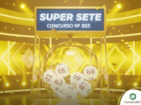 Ilustração 3D de um sorteio do Super Sete, concurso número 805. O globo de cristal com as bolas numeradas está posicionado à frente de um fundo amarelo brilhante com luzes de palco e confetes dourados.