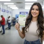 Mulher segurando bilhetes da Super Sete em lotérica