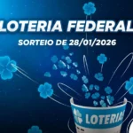 Thumbnail para Loteria Federal concurso 6037 com fundo azul brilhante, trevos de quatro folhas neon saindo de um bilhete e o texto Sorteio de 28/01/2026.