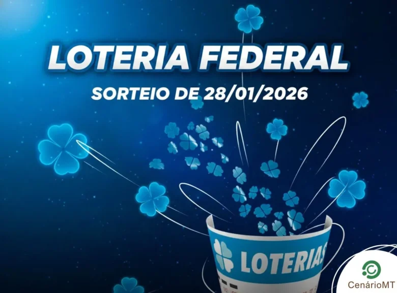 Thumbnail para Loteria Federal concurso 6037 com fundo azul brilhante, trevos de quatro folhas neon saindo de um bilhete e o texto Sorteio de 28/01/2026.
