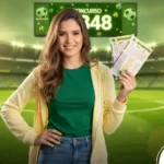 Mulher sorridente em um campo de futebol, vestindo roupas casuais em verde e amarelo, segurando bilhetes da loteria Timemania. Ao fundo, um placar luminoso destaca o número do concurso 2348.