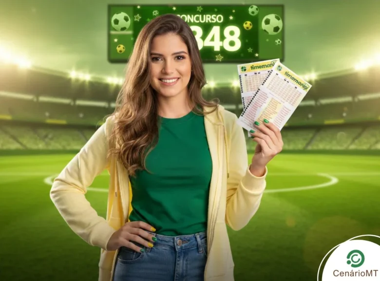Mulher sorridente em um campo de futebol, vestindo roupas casuais em verde e amarelo, segurando bilhetes da loteria Timemania. Ao fundo, um placar luminoso destaca o número do concurso 2348.