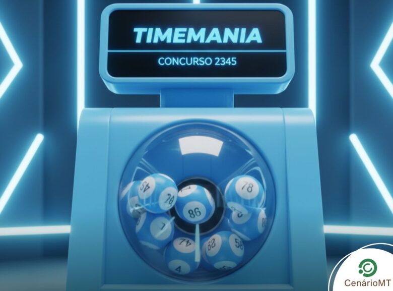 Estética de sorteio para a Timemania, concurso 2345, em azul claro. Globo com bolas de futebol/loteria misturadas em um cenário dinâmico.