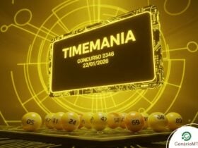 Painel informativo da Timemania concurso 2346, realizado no dia 22/01/2026. Design gráfico em amarelo com elementos digitais e bolas numeradas de baixa relevância visual.