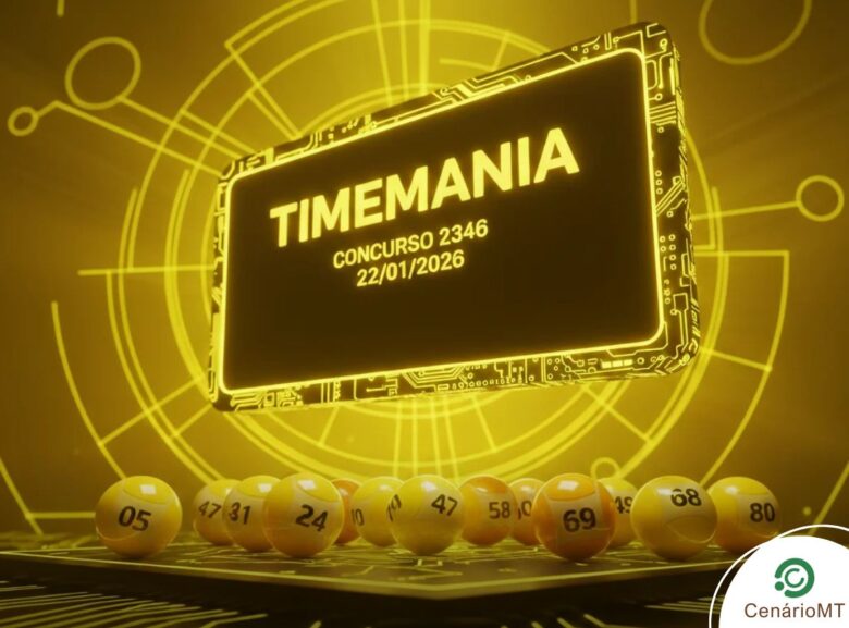 Painel informativo da Timemania concurso 2346, realizado no dia 22/01/2026. Design gráfico em amarelo com elementos digitais e bolas numeradas de baixa relevância visual.