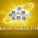 Bolas de sorteio brancas com números pretos envoltas por um brilho dourado sobre fundo amarelo para o concurso Dia de Sorte 1179.