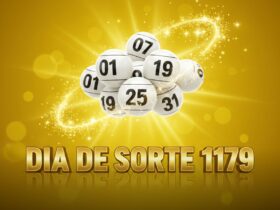 Bolas de sorteio brancas com números pretos envoltas por um brilho dourado sobre fundo amarelo para o concurso Dia de Sorte 1179.