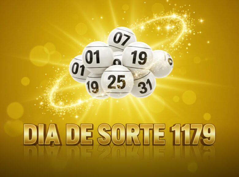Bolas de sorteio brancas com números pretos envoltas por um brilho dourado sobre fundo amarelo para o concurso Dia de Sorte 1179.