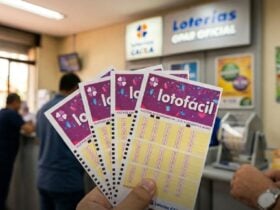 Resultado da Lotofácil 3644 de 24/03/2026: confira os números sorteados 26 Mão segurando vários volantes da Lotofácil dentro de uma unidade das Loterias Caixa.