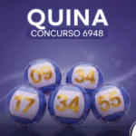 Imagem de divulgação da Quina concurso 6948 com fundo azul arroxeado, exibindo bolas de sorteio com os números 09, 17, 34 e 55 em dourado.