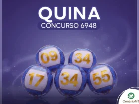 Imagem de divulgação da Quina concurso 6948 com fundo azul arroxeado, exibindo bolas de sorteio com os números 09, 17, 34 e 55 em dourado.
