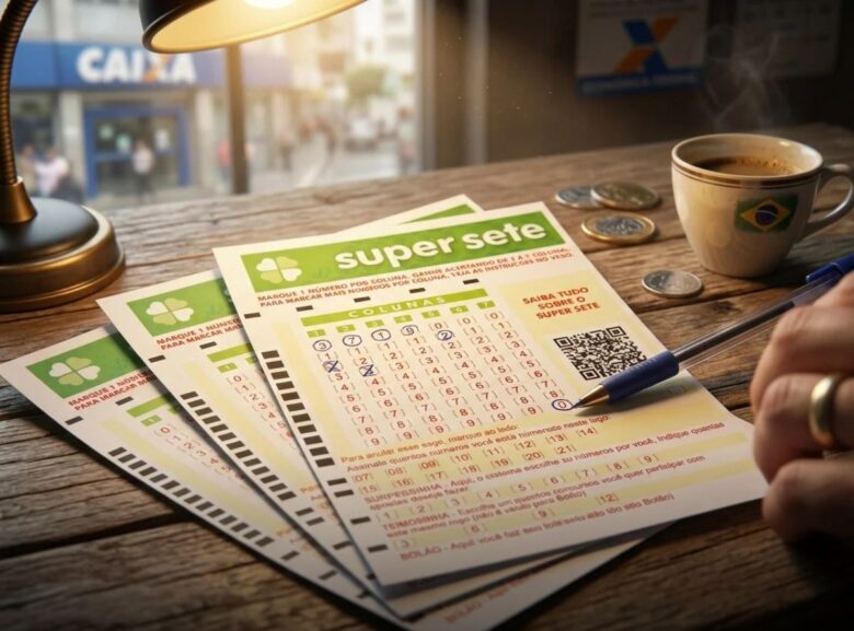 Volante da loteria Super Sete em uma mesa rústica ao lado de uma xícara de café com a bandeira do Brasil e moedas.