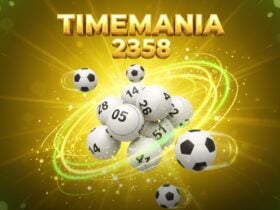 Timemania 2358 acumula e prêmio vai a R$ 7,8 milhões; veja o resultado e o time do coração 3 Bolas numeradas misturadas a bolas de futebol com rastros de luz verde e fundo dourado para a Timemania 2358.