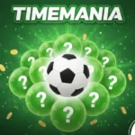 Banner verde com bola de futebol e título da loteria Timemania