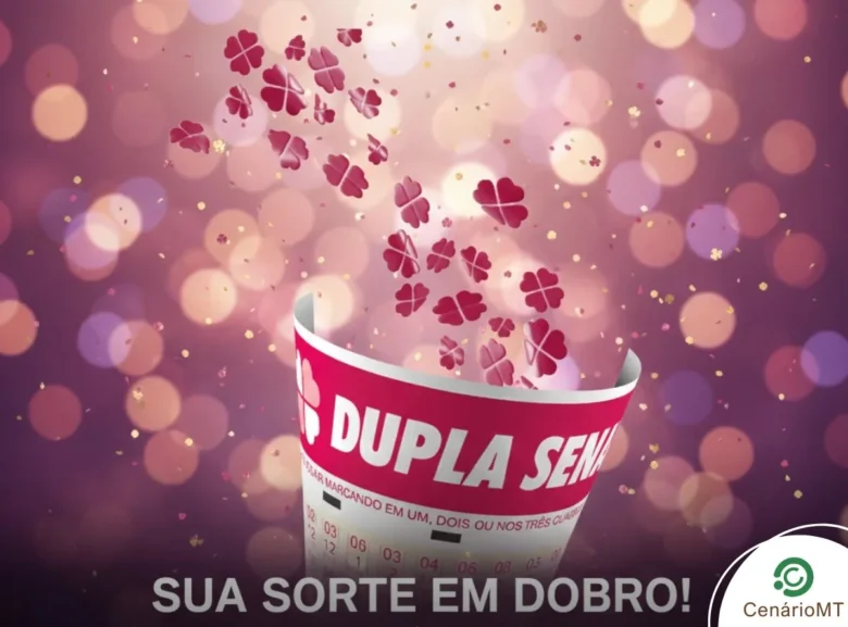 Dupla Sena de hoje: confira o resultado do sorteio de R$ 5,8 milhões 1 Bilhete da Dupla Sena dentro de um copo de sorteio com trevos de quatro folhas flutuando e fundo rosa com luzes desfocadas.