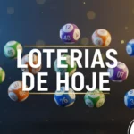 Várias bolas de loteria coloridas e numeradas flutuando sobre um fundo abstrato com o texto central "Loterias de Hoje".