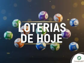 Várias bolas de loteria coloridas e numeradas flutuando sobre um fundo abstrato com o texto central "Loterias de Hoje".