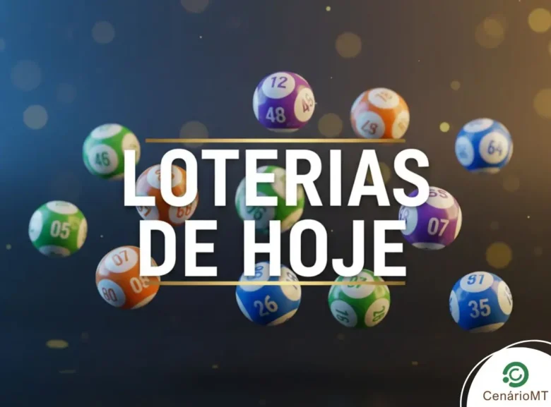 Várias bolas de loteria coloridas e numeradas flutuando sobre um fundo abstrato com o texto central "Loterias de Hoje".