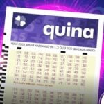 Arte com bilhete da quina com fundo roxo tecnológico