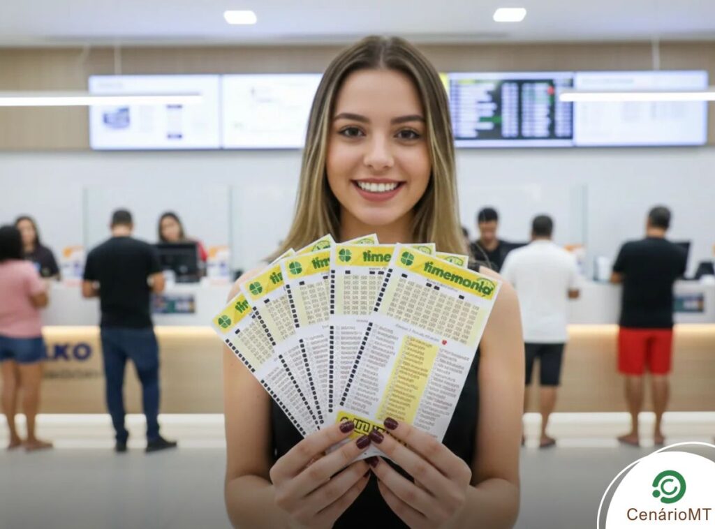 Mulher segurando bilhetes da Timemania em Lotérica